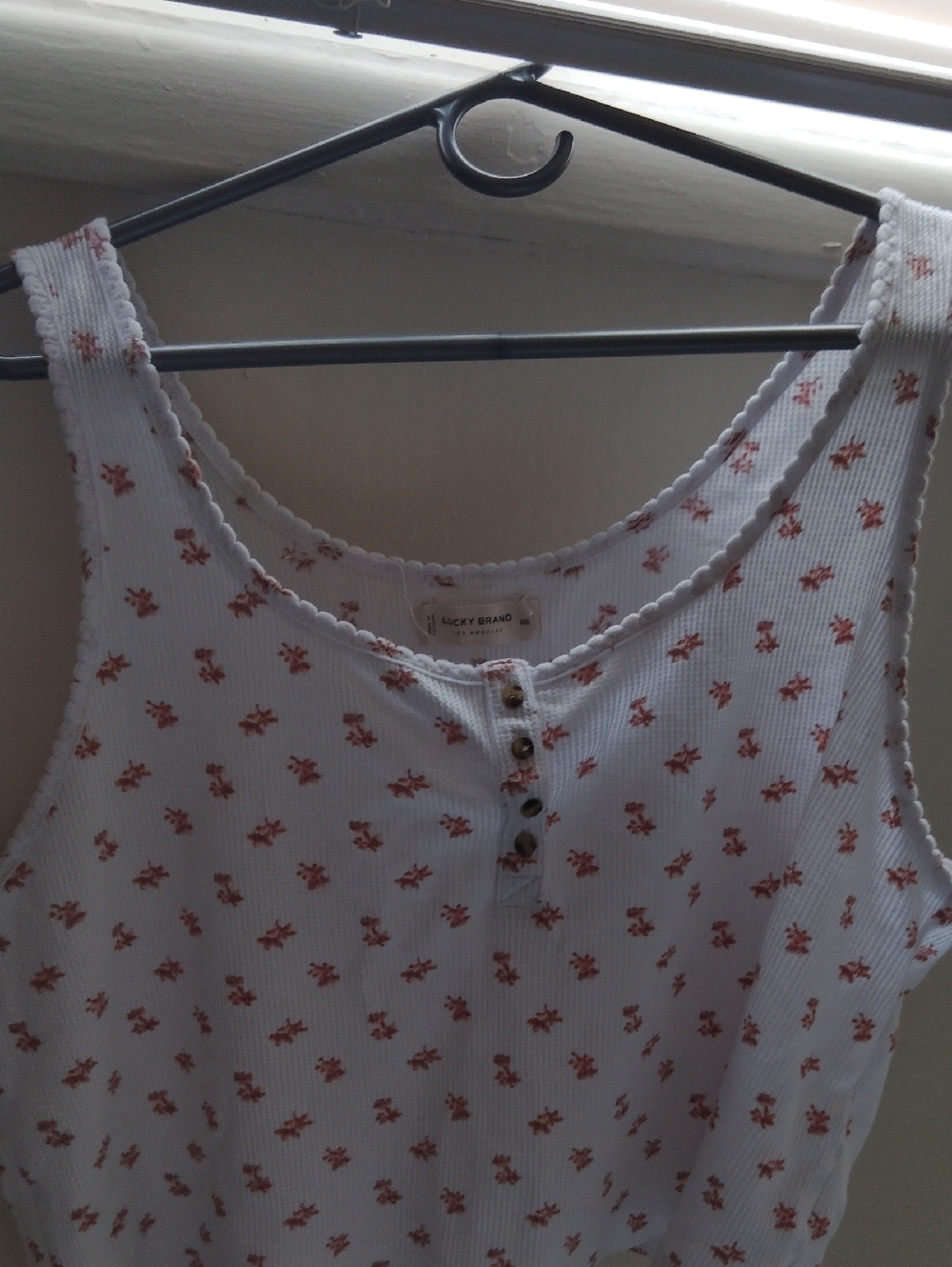 Lucky Brand White Ribbed Henley Tank with Rust Floral Print